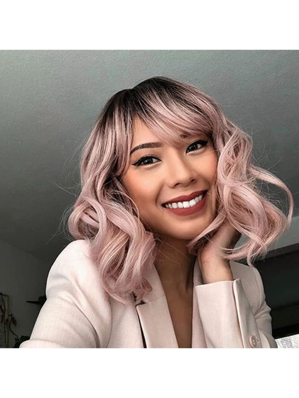 Women's Dream Pink Ombre Bob Party Wig with Bangs Short Curly Synthetic